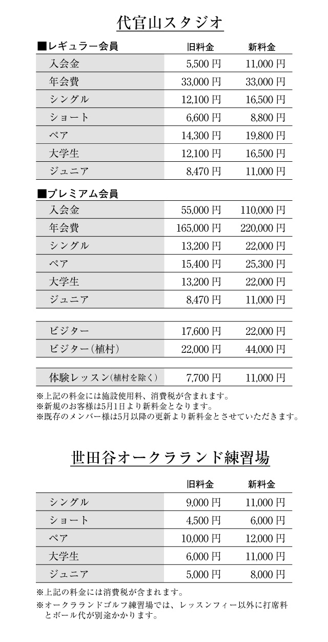 料金改定のお知らせ